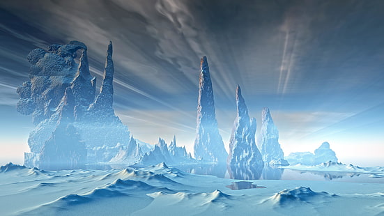 fantasielandschaft, einfrieren, arktis, scifi, winter, science fiction, fantasiekunst, grafik, HD-Hintergrundbild HD wallpaper
