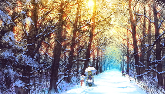 Yakumo Yukari, Touhou, หิมะ, ฤดูหนาว, ร่ม, ต้นไม้, สาวการ์ตูน, อะนิเมะ, วอลล์เปเปอร์ HD HD wallpaper