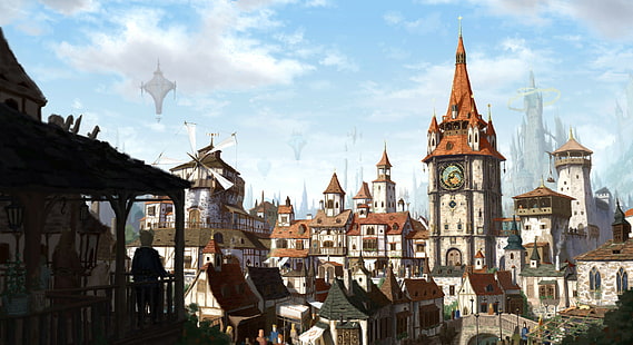 церковь, фэнтези-арт, замок, средневековый, город, ветряная мельница, HD обои HD wallpaper