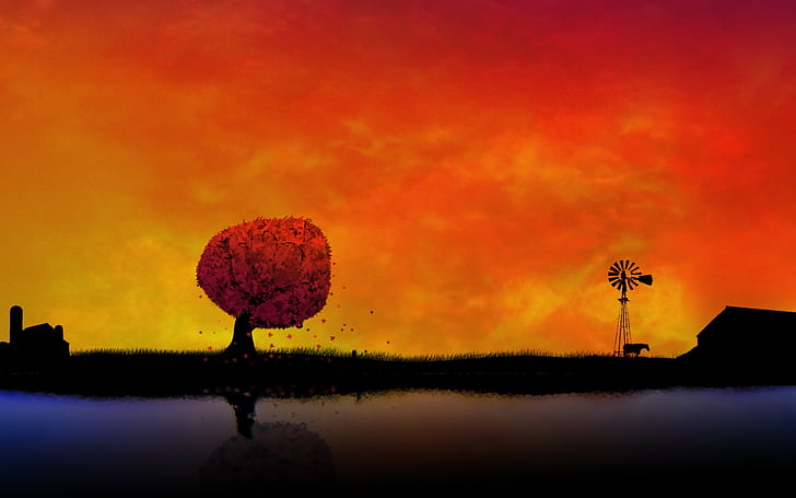 صورة ظلية للمزرعة ، شجرة ، خريف ، ورقة ، ريح ، توربين ، مطحنة ، حصان ، حظيرة ، فن رقمي ، 1920x1200، خلفية HD