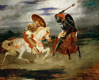 två man rider på hästmålning, Paris, olja, bild, Louvren, duk, fransk målare, Joust, Delacroix Eugene, HD tapet HD wallpaper