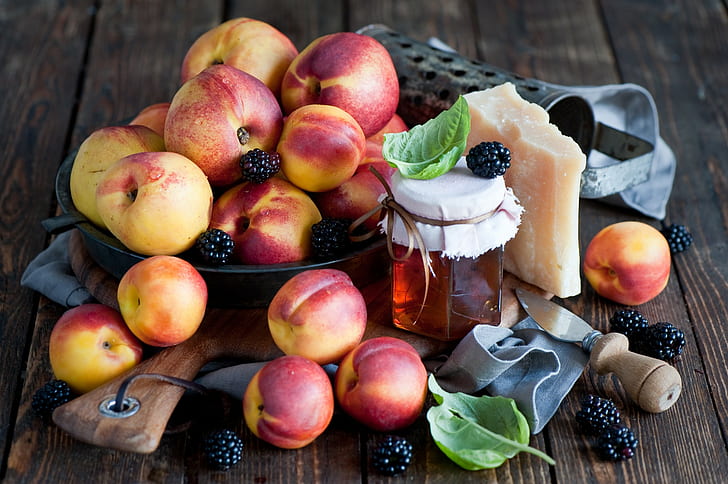 Lebensmittel, Obst, Pfirsiche, Brombeeren, Honig, Holzoberfläche, HD-Hintergrundbild
