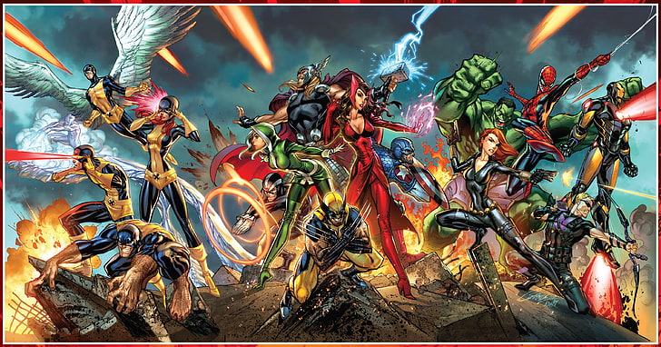 Wallpaper DC Heroes, lukisan karakter X-men, Marvel Comics, Wolverine, Thor, Captain America, Black Widow, Iron Man, Hawkeye, Hulk, Spider-Man, X-Men, Nakal (karakter), Wallpaper HD