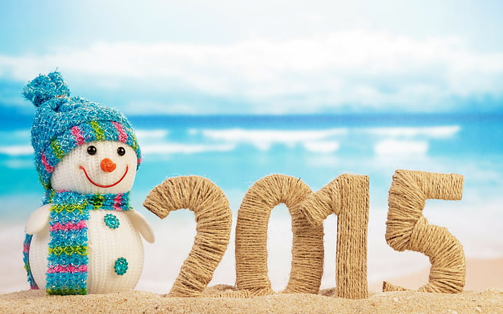 Christmas, New Year, snowmen, sand, 2015, HD wallpaper