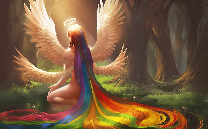 многоцветни коси от ангелска живопис, крила, дървета, вода, гора, HD тапет