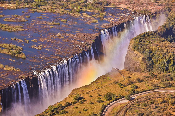 滝、道路、滝、虹、ビクトリア、アフリカ、ザンビア、 HDデスクトップの壁紙