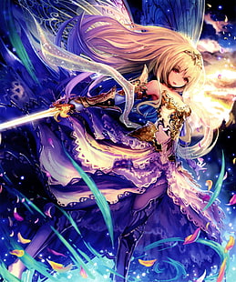 personnage d'anime féminin aux cheveux jaunes, Shingeki no Bahamut, épée, armure, robe, feuilles, Aria (Shingeki no Bahamut), Fond d'écran HD HD wallpaper