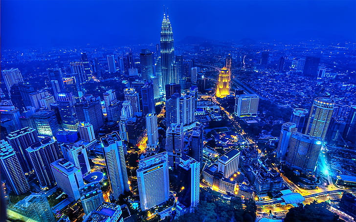Torri di Kuala Lumpur, Malesia, Petronas, città, paesaggio urbano, notte, grattacielo, Sfondo HD