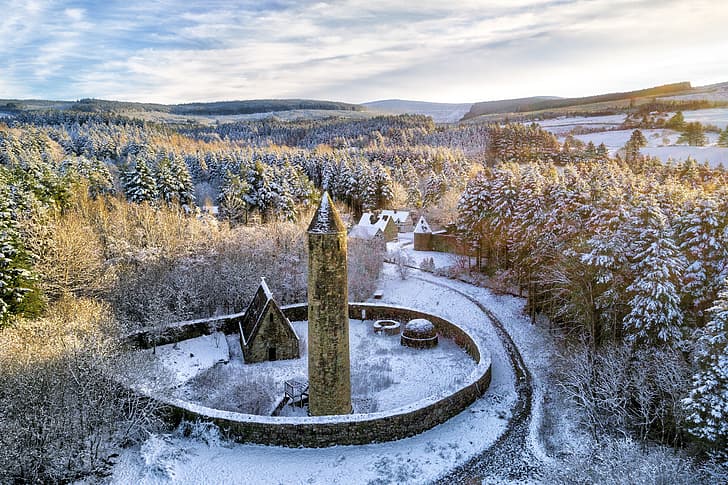 salju, pohon, menara, Irlandia Utara, Wallpaper HD