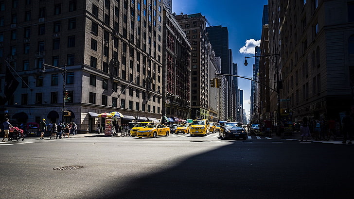 street view, car, city, street, metropolis, taxi, road, cab, infrastructure, building, daytime, yellow cab, HD wallpaper