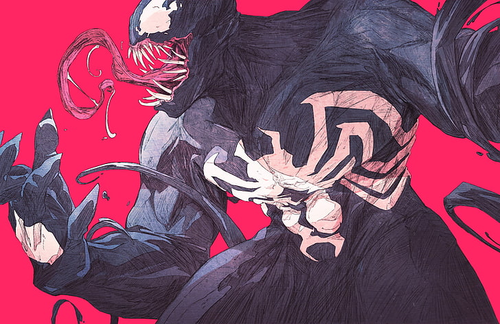 Marvel Venom-affisch, Chun Lo, Venom, Marvel Comics, rosa bakgrund, Spider-Man, HD tapet