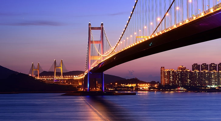 Мост Цин Ма Гонконг, фиолетовый висячий мост, Город, Огни, Китай, Мост, Вечер, Гонконг, Цин Ма, HD обои