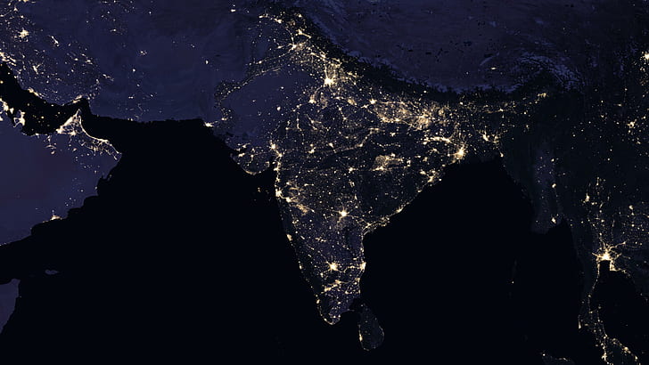 india, nasa, map, city lights, night, light, earth, darkness, planet, nepal, satellite imagery, middle east, asia, HD wallpaper
