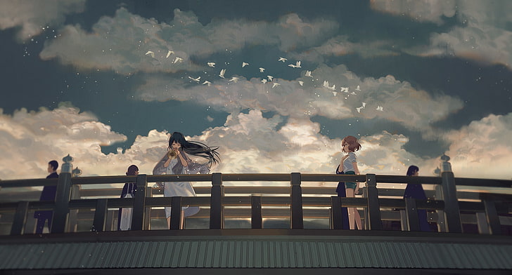 kousaka reina, oumae kumiko, euphonium hibike, nuages, instrument, oiseaux, anime, Fond d'écran HD