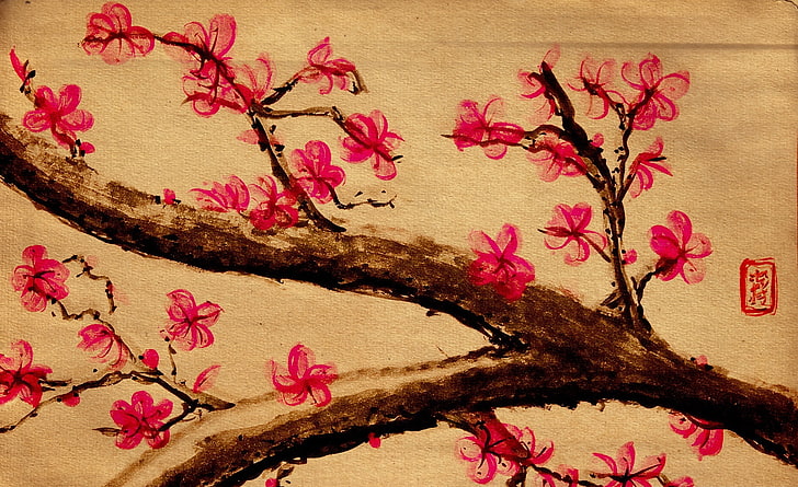 Lukisan Cherry Blossom, lukisan bunga berwarna merah muda, Musim, Musim Semi, Cherry, Blossom, Lukisan, Wallpaper HD
