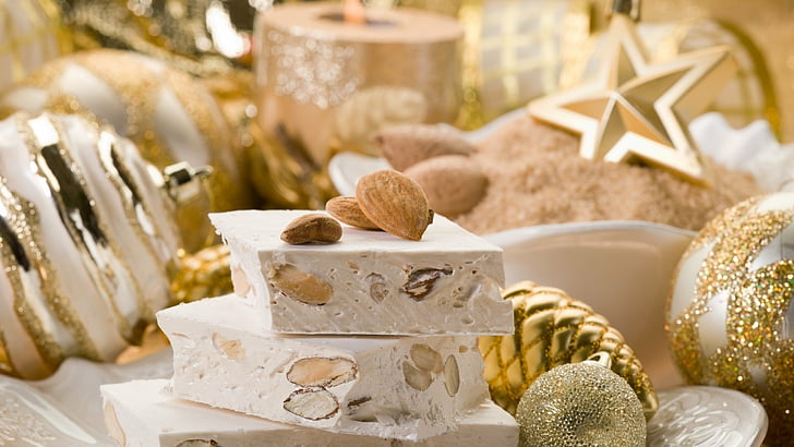 Food, Almond, Christmas, Decoration, Golden, Nougat, Star, Sweets, HD wallpaper