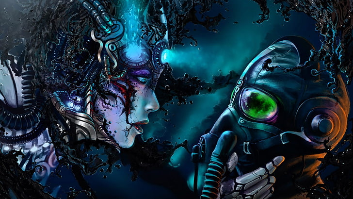 dua wallpaper permainan karakter grafis, karya seni, wanita, seni konsep, seni fantasi, cyborg, Romantically Apocalyptic, cyberpunk, Vitaly S Alexius, masker gas, robot, kabel, Wallpaper HD