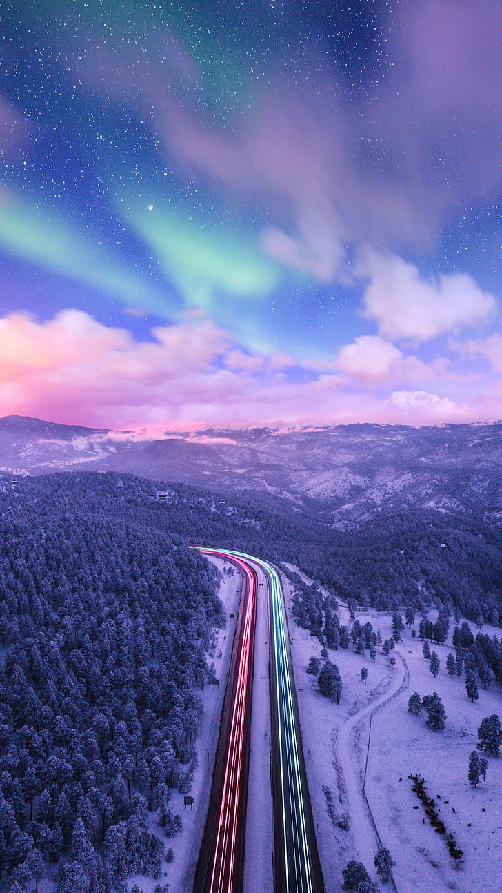 montanhas, estrada, longa exposição, neve, HD papel de parede, papel de parede de celular