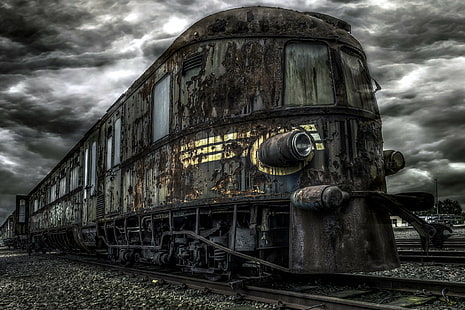 железная дорога, заброшенный, пасмурно, транспортное средство, руины, поезд, HDR, старый, HD обои HD wallpaper