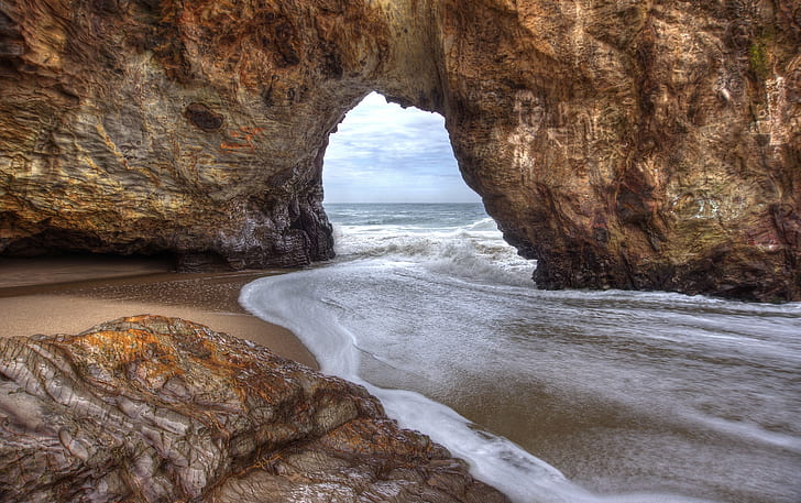 time lapse photography of arch rock formation over body of water, In the flow, nature, time lapse photography, arch rock, rock formation, body of water, Santa Cruz  California, Panther, Beach, outdoor, water  wave, flow, sea, surf, high tide, cave, tunnel, coast, shore, rocks, seascape, landscape, Pacific Ocean, Ocean  Pacific, RAW, NEX-6, SEL-P1650, Photomatix, Quality, HDR Photography, waterscape, rock - Object, coastline, cliff, scenics, water, wave, outdoors, HD wallpaper