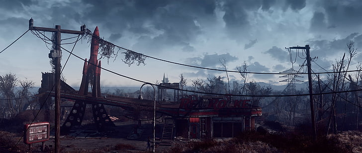 poste électrique marron et gris, Fallout 4, artwork, jeux vidéo, Fallout, Fond d'écran HD