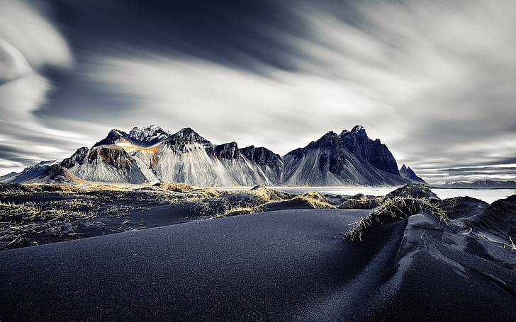 natureza, escuro, paisagem, montanhas, Islândia, longa exposição, HD papel de parede