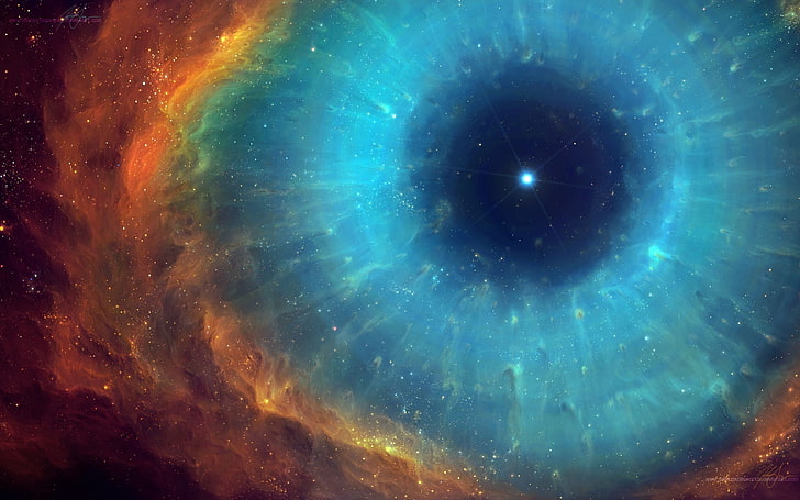 fondo de pantalla digital de galaxia azul, rojo y naranja, universo, ojos, nebulosa, nebulosa de hélice, espacio, estrellas, TylerCreatesWorlds, arte espacial, arte digital, galaxia, rojo, cian, Fondo de pantalla HD