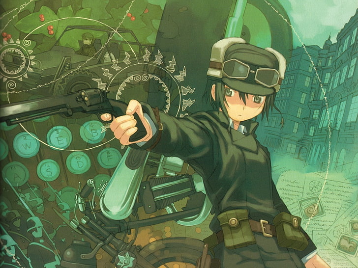 зеленоволосая, в черном пальто, держащая пистолетный персонаж аниме, аниме, Kino's Journey, HD обои