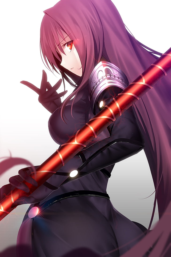 Scathach from Fate/Grand Order illustration, Fate/Grand Order, Lancer (Fate/Grand Order), purple hair, red eyes, spear, long hair, HD wallpaper