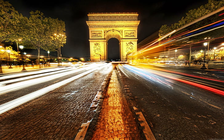 Триумфалната дъга, светлини, Париж, Франция, красива, дървета, архитектура, паметници, Триумфална арка, нощ, улици, HD тапет