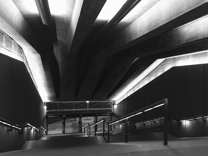 architecture, art, black and white, building, ceiling, concrete, indoors, light, shadow, staircase, step, tube, tunnel, HD wallpaper