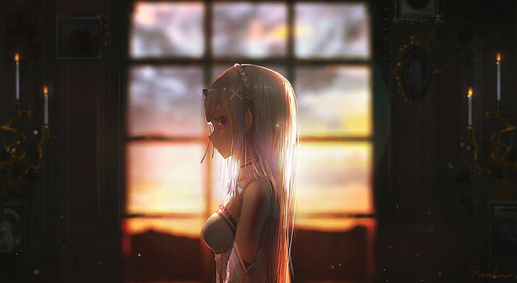 Emilia (Re: Zero), fenêtre, cheveux blancs, yeux violets, Re: Zero Kara Hajimeru Isekai Seikatsu, coucher de soleil, bougies, anime girls, Fond d'écran HD