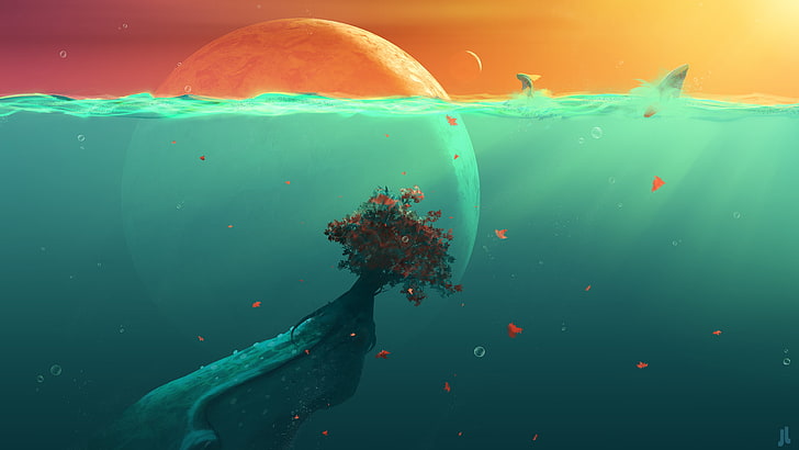 Ilustración de cuerpo de agua azul, árbol rojo bajo ilustración de cuerpo de agua, ilustración, ballena, mar, pescado, burbujas, planeta, puesta de sol, luz solar, animales, hojas, bajo el agua, JoeyJazz, arte de fantasía, Fondo de pantalla HD
