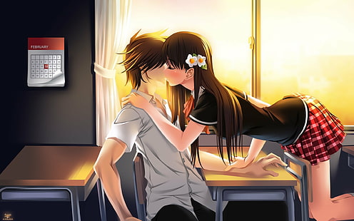 anime, boy, couple, day, girl, kiss, love, valentines, HD wallpaper HD wallpaper