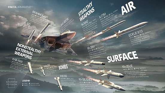 illustrazione di aereo jet grigio, Sukhoi PAK FA, aereo militare, arma, missili, infografica, PAK FA, Sukhoi T-50, Sfondo HD HD wallpaper