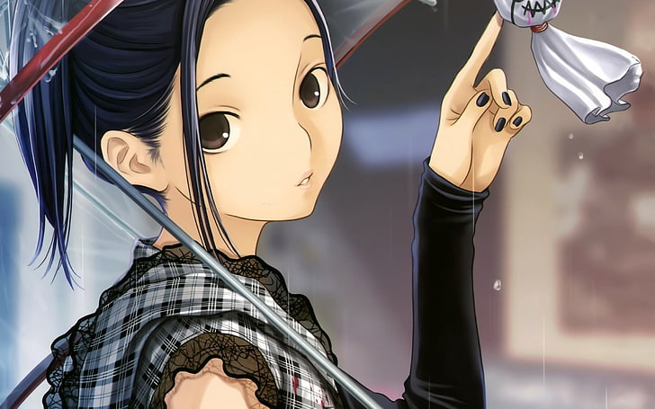 black haired female anime character illustration, anime, girl, gesture, rain, umbrella, drop, HD wallpaper