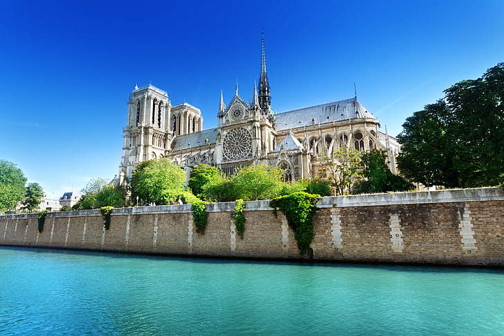 Notre Dame De Paris, Italy, greens, summer, water, trees, the city, river, France, Paris, Hay, Notre Dame Cathedral, blue, Notre Dame de Paris, HD wallpaper