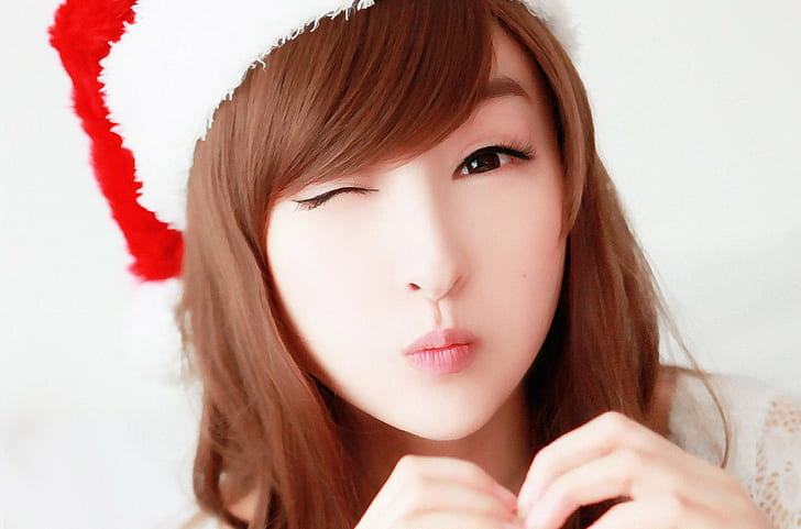 Asian, women, girl, lips, Santa hats, holidays, cute, asian, women, girl, lips, santa hats, holidays, cute, HD wallpaper