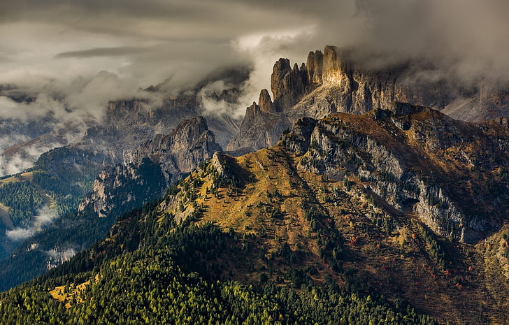 montaña marrón, naturaleza, paisaje, Dolomitas (montañas), bosque, nubes, puesta de sol, verano, Fondo de pantalla HD