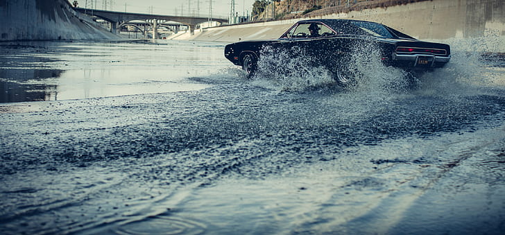 Dodge Charger, carro, água, carros pretos, Dodge, aquaplanning, HD papel de parede