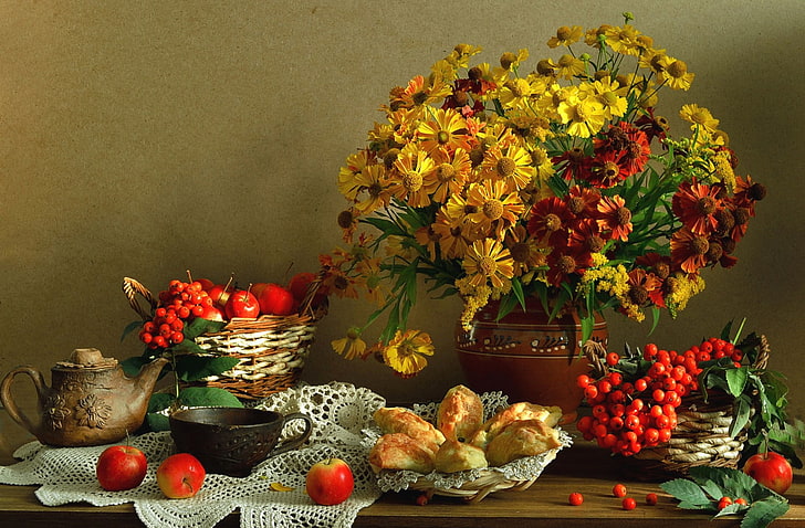 yellow and red petaled flowers, flowers, berries, apples, kettle, Cup, still life, cakes, HD wallpaper