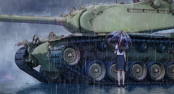 anime girls, tank, M103, rain, umbrella, HD wallpaper