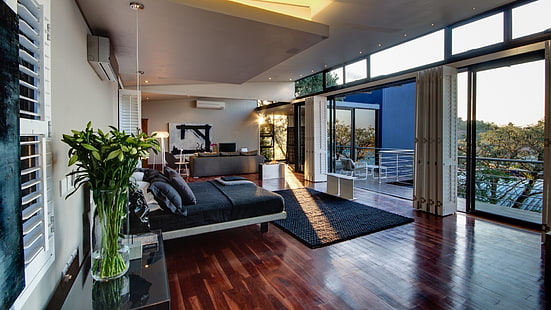 черный коврик, дизайн интерьера, спальня, деревянная поверхность, солнечный свет, окно, вазы, HD обои HD wallpaper