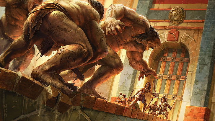 golems attacking a group of warriors illustration, fantasy art, giant, Magic: The Gathering, video games, HD wallpaper
