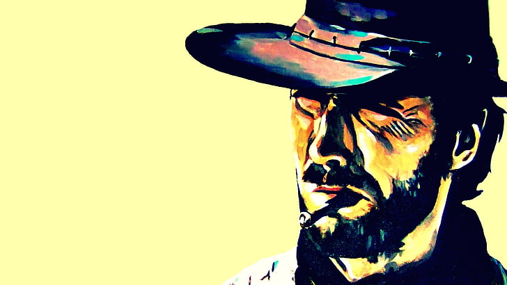 man wearing black hat illustration, Clint Eastwood, artwork, actor, cigars, HD wallpaper