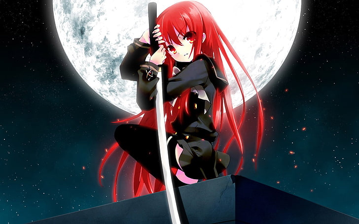 rödhårig svart kostym animae illustration, animeflickor, Shakugan no Shana, Shana, röda ögon, anime, skoluniform, strumpor, måne, rödhårig, långt hår, HD tapet