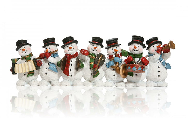 новый год, рождество, снеговики, музыка, фестиваль, семь снеговиков, играющих на инструментах афиша, новый год, рождество, снеговики, музыка, фестиваль, HD обои