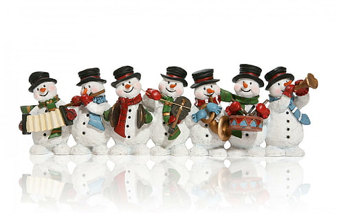 new year, christmas, snowmen, music, festival, seven snowman playing instruments poster, new year, christmas, snowmen, music, festival, HD wallpaper HD wallpaper