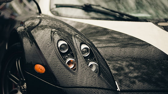 Pagani, Pagani Huayra, Huayra, rain, closeup, Headlights, carbon fiber, car, HD wallpaper HD wallpaper