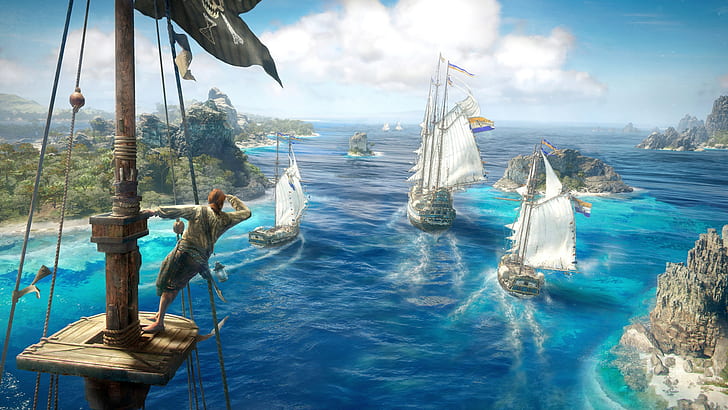 корабль, остров, видеоигры, череп и кости, парусник, пейзаж, пираты, море, HD обои